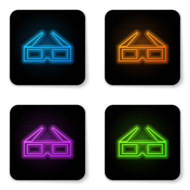 Beyaz arka plan üzerinde izole parlayan neon 3d sinema gözlük simgesi. Siyah kare düğme. Vektör İllüstrasyonu