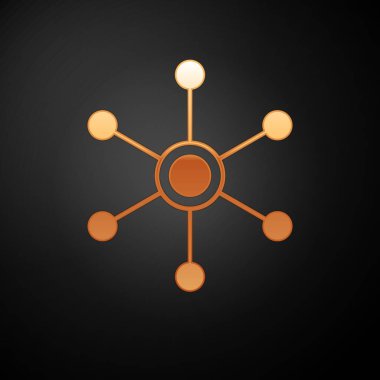 Siyah arka planda yalıtılmış Gold Network simgesi. Küresel ağ bağlantısı. Küresel teknoloji veya sosyal ağ. Noktaları ve çizgileri birbirine bağlıyor. Vektör İllüstrasyonu
