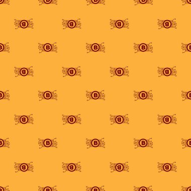 Kırmızı Cryptocurrency kavramı bitcoin dairesel mikroçip devre simgesi ile kahverengi arka plan üzerinde sorunsuz desen izole. Blockchain teknolojisi, dijital para piyasası. Düz tasarım. Vektör İllüstrasyonu