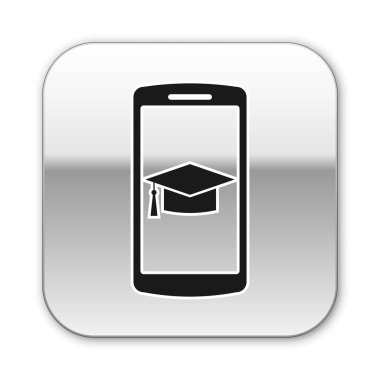 Beyaz arka planda yalıtılmış ekran akıllı telefon simgesinde Siyah Mezuniyet kapağı. Online öğrenme veya e-öğrenme kavramı. Gümüş kare düğme. Vektör İllüstrasyonu