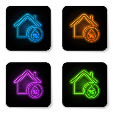 Beyaz arka planda izole parlayan neon House nem simgesi. Hava ve meteoroloji, termometre sembolü. Siyah kare düğme. Vektör İllüstrasyonu
