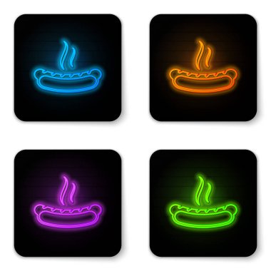Beyaz arka plan üzerinde izole hardal simgesi ile Parlayan neon Hotdog sandviç. Sosis simgesi. Fast food işareti. Siyah kare düğme. Vektör İllüstrasyonu