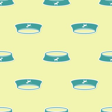 Kedi veya köpek simgesi için Yeşil Pet gıda kase sarı arka plan üzerinde izole dikişsiz desen. Vektör İllüstrasyonu