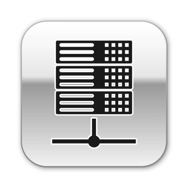 Siyah Sunucu, Data, Web Sunucu simgesi beyaz arkaplanda izole edildi. Gümüş kare düğme. Vektör İllüstrasyonu