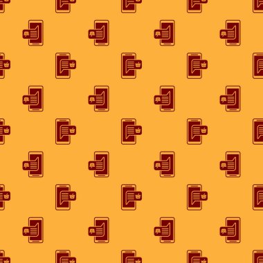 Kırmızı Cep telefonu ve alışveriş sepeti simgesi kahverengi arka plan üzerinde sorunsuz desen izole. Online satın alma sembolü. Süpermarket sepeti sembolü. Vektör İllüstrasyonu