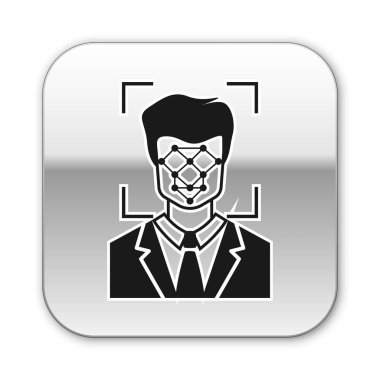 Beyaz arka planda yalıtılmış Siyah Yüz tanıma simgesi. Yüz tanımlama tarayıcı simgesi. Yüz kimliği. Siber güvenlik konsepti. Gümüş kare düğme. Vektör İllüstrasyonu