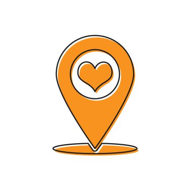 Beyaz arka planda izole kalp simgesi ile turuncu harita işaretçisi. Vektör Illustration