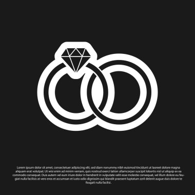 Siyah Alyans simgesi siyah arka plan üzerinde izole. Gelin ve damat mücevher işareti. Evlilik simgesi. Elmas yüzük. Vektör İllüstrasyonu