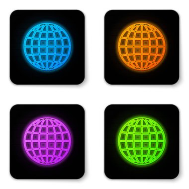 Beyaz arka plan üzerinde izole parlayan neon Earth dünya simgesi. Siyah kare düğme. Vektör İllüstrasyonu