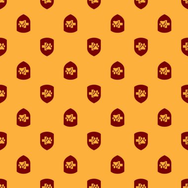 Kırmızı Hayvan sağlık sigortası simgesi kahverengi arka plan üzerinde sorunsuz desen izole. Evcil hayvan koruma simgesi. Köpek ya da kedi pençesi izi. Vektör İllüstrasyonu