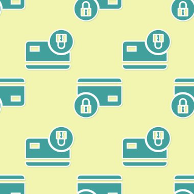 Kilit simgesi sarı arka plan üzerinde izole sorunsuz desen ile Yeşil Kredi kartı. Kilitli banka kartı. Güvenlik, güvenlik, koruma konsepti. Güvenli bir ödeme kavramı. Vektör İllüstrasyonu