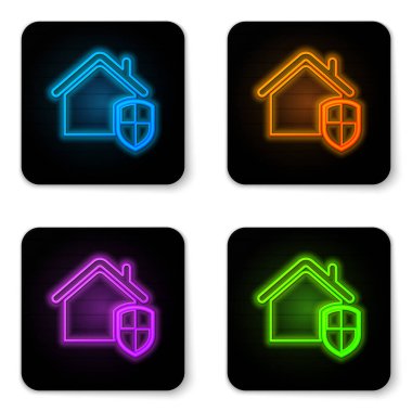 Beyaz arka plan üzerinde izole koruma simgesi altında Parlayan neon House. Ev ve kalkan. Koruma, güvenlik, güvenlik, koruma, savunma konsepti. Siyah kare düğme. Vektör İllüstrasyonu