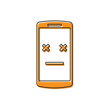 Turuncu Ölü telefon simgesi beyaz arka planda izole. Vefat eden dijital cihaz emoji sembolü. Yüz duygularını gösteren ceset akıllı telefonu. Vektör İllüstrasyonu