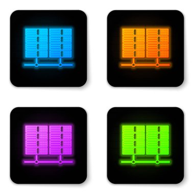 Parlayan neon sunucusu, Data, Web sunucu simgesi beyaz arkaplanda izole edildi. Siyah kare düğme. Vektör İllüstrasyonu