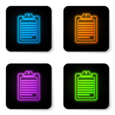 Beyaz arka planda yalıtılmış belge simgesine sahip parlayan neon Pano. Siyah kare düğme. Vektör İllüstrasyonu