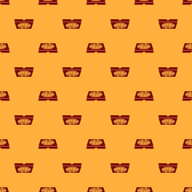Kırmızı Pizza karton kutu simgesi kahverengi arka plan üzerinde dikişsiz desen izole. Düzen öğeleriiçeren kutu. Vektör İllüstrasyonu