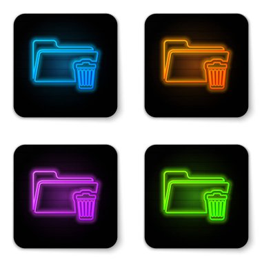 Beyaz arka planda yalıtılmış parlayan neon Delete klasör simgesi. Geri dönüşüm kutusu ile klasör. Silme veya hata klasörü. Bilgisayar bilgileri klasörü işaretini kapatın. Siyah kare düğme. Vektör İllüstrasyonu