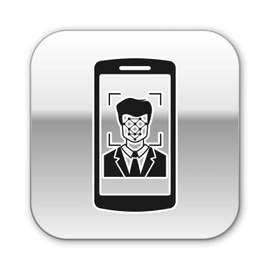 Siyah Cep telefonu ve yüz tanıma simgesi beyaz arka plan üzerinde izole. Yüz tanımlama tarayıcı simgesi. Yüz kimliği. Siber güvenlik konsepti. Gümüş kare düğme. Vektör İllüstrasyonu