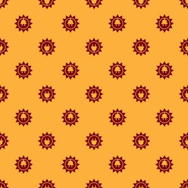 Kırmızı Güneş enerji paneli simgesi kahverengi arka plan üzerinde dikişsiz desen izole. Güneş ve elektrik fişi. Vektör İllüstrasyonu