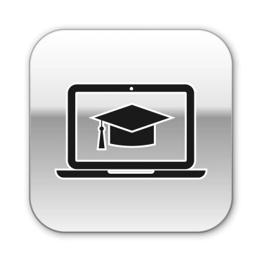 Beyaz arka planda yalıtılmış ekran dizüstü bilgisayar simgesinde Siyah Mezuniyet kapağı. Online öğrenme veya e-öğrenme kavramı. Gümüş kare düğme. Vektör İllüstrasyonu