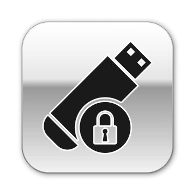 Beyaz arka planda izole edilmiş kapalı asma kilit simgesine sahip siyah Usb flash sürücü. Güvenlik, güvenlik, koruma konsepti. Gümüş kare düğme. Vektör İllüstrasyonu