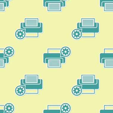 Yeşil Yazıcı ve dişli simgesi sarı arka plan üzerinde sorunsuz desen izole. Uygulama, servis konsepti, ayar seçenekleri, bakım, onarım, sabitleme ayarlama. Vektör İllüstrasyonu