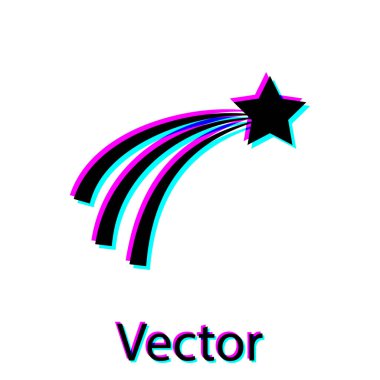 Siyah Düşen yıldız simgesi beyaz arka planda yalıtılmış. Yıldız izi olan kayan yıldız. Meteoroid, göktaşı, kuyruklu yıldız, asteroit, yıldız simgesi. Vektör İllüstrasyonu