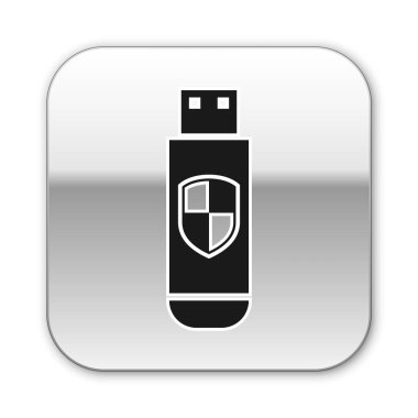 Siyah Usb flash sürücü ve koruma kalkanı simgesi beyaz arka planda izole. Gümüş kare düğme. Vektör İllüstrasyonu