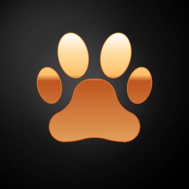 Siyah arka planda yalıtılmış Gold Paw baskı simgesi. Köpek ya da kedi pençesi izi. Hayvan izi. Vektör İllüstrasyonu