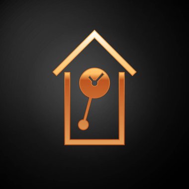 Siyah arka plan üzerinde izole Altın Retro duvar saat simgesi. Guguklu saat işareti. Antika sarkaçlı saat. Vektör İllüstrasyonu