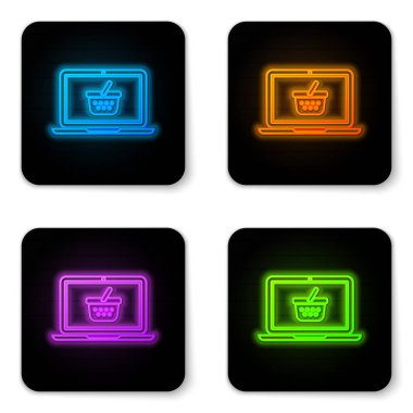Ekran dizüstü bilgisayarında parlayan neon alışveriş sepeti beyaz arkaplanda izole edilmiş. Konsept e-ticaret, e-ticaret, online iş pazarlama. Siyah kare düğme. Vektör İllüstrasyonu