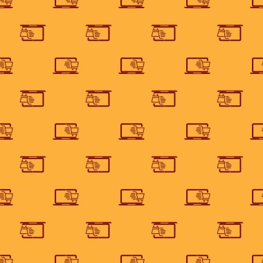 Ekran dizüstü bilgisayar simgesi kırmızı Alışveriş sepeti kahverengi arka plan üzerinde sorunsuz desen izole. Konsept e-ticaret, e-iş, online iş pazarlama. Vektör İllüstrasyonu