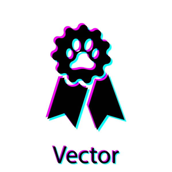 Schwarzes Haustier-Symbol auf weißem Hintergrund isoliert. Abzeichen mit Hunde- oder Katzenpfotenabdruck und Schleifen. Medaille für Tiere. Vektorillustration — Stockvektor