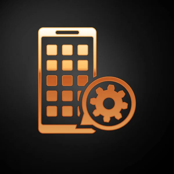 Gold Mobile Apps e ícone de engrenagem isolado no fundo preto. Ajustar aplicativo, conceito de serviço, opções de configuração, manutenção, reparo, fixação. Ilustração vetorial —  Vetores de Stock