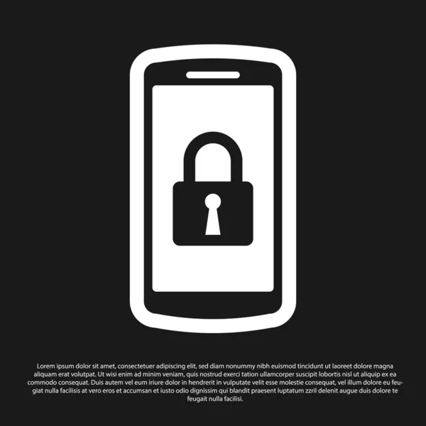 Black Smartphone with closed padlock icon isolated on black background. Phone with lock. Mobile security, safety, protection concept. Vector Illustration — Stock Vector