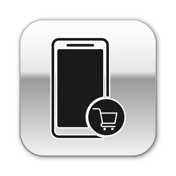 Zwarte mobiele telefoon en winkelwagentje pictogram geïsoleerd op witte achtergrond. Online kopen symbool. Supermarkt mand symbool. Zilveren vierkante knop. Vector Illustratie — Stockvector