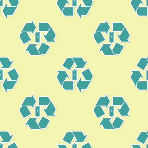 Πράσινη μπαταρία με το εικονίδιο της γραμμής σύμβολο ανακύκλωσης απομονωμένη απρόσκοπτη μοτίβο σε κίτρινο φόντο. Μπαταρία με σύμβολο ανακύκλωσης-έννοια ανανεώσιμης ενέργειας. Απεικόνιση διανυσματικών φορέων — Διανυσματικό Αρχείο