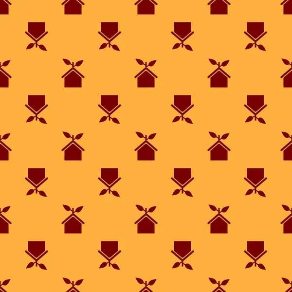 Kırmızı Eko dostu ev simgesi kahverengi arka plan üzerinde dikişsiz desen izole. Yapraklı eko ev. Vektör İllüstrasyonu — Stok Vektör