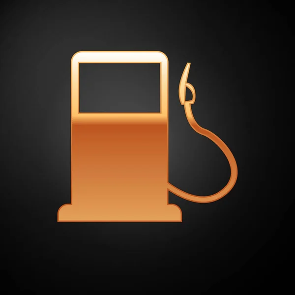 Χρυσό Βενζίνη ή το εικονίδιο του βενζινάδικου απομονώνονται σε μαύρο φόντο. Σύμβολο καυσίμου αυτοκινήτου. Αντλία βενζίνης. Εικονογράφηση διανύσματος — Διανυσματικό Αρχείο
