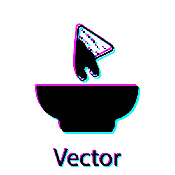 Nachos pretos no ícone da placa isolado no fundo branco. Tortilhas ou tortilhas de nachos. Comida tradicional mexicana. Ilustração vetorial — Vetor de Stock