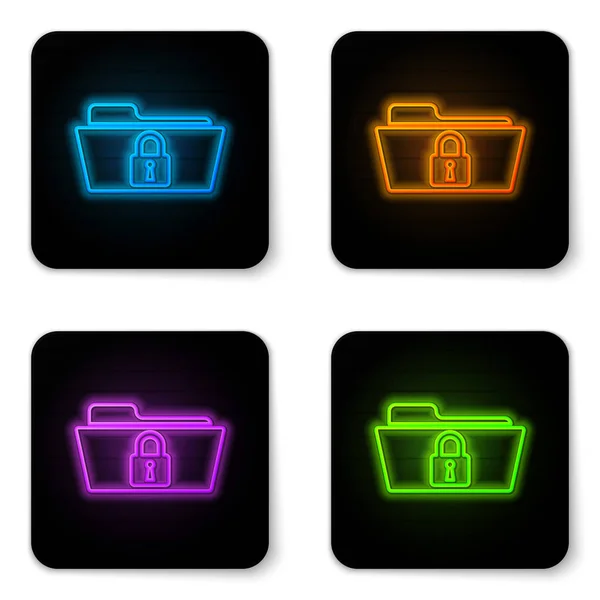 Glowing neon Folder and lock icon isolated on white background. Closed folder and padlock. Security, safety, protection concept. Black square button. Vector Illustration — Stock Vector