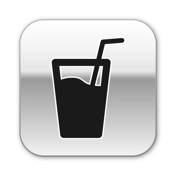 Verre noir avec de l'eau et un tube pour boire icône isolé sur fond blanc. Du verre soda. Bouton carré argenté. Illustration vectorielle — Image vectorielle
