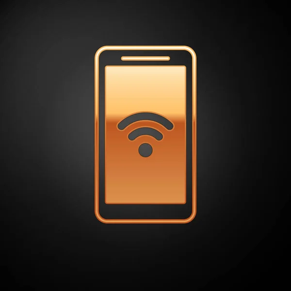 Gouden smartphone met gratis Wi-Fi draadloze verbinding icoon geïsoleerd op zwarte achtergrond. Draadloze technologie, Wi-Fi-verbinding, draadloos netwerk. Vector illustratie — Stockvector