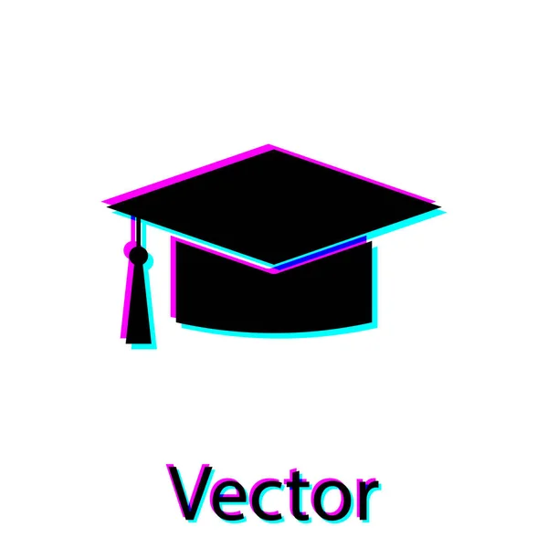 Icono de la tapa de graduación negra aislado sobre fondo blanco. Sombrero de graduación con icono de borla. Ilustración vectorial — Archivo Imágenes Vectoriales