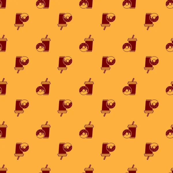 Boisson de soda rouge avec paille à boire et icône de beignet isolé motif sans couture sur fond brun. Symbole de restauration rapide. Illustration vectorielle — Image vectorielle