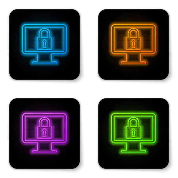 Glowing neon Lock on computer monitor screen icon isolated on white background. Monitor and padlock. Security, safety, protection concept. Safe internetwork. Black square button. Vector Illustration — Stock Vector