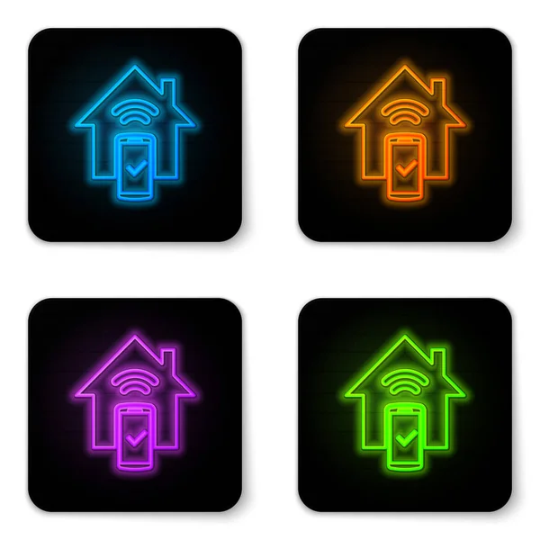 Lumineux néon Smart home - icône du système de télécommande isolée sur fond blanc. Bouton carré noir. Illustration vectorielle — Image vectorielle