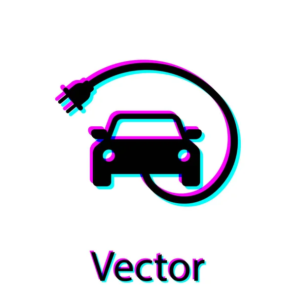 Coche eléctrico negro y enchufe de cable eléctrico icono de carga aislado sobre fondo blanco. Tecnologías ecológicas renovables. Ilustración vectorial — Vector de stock