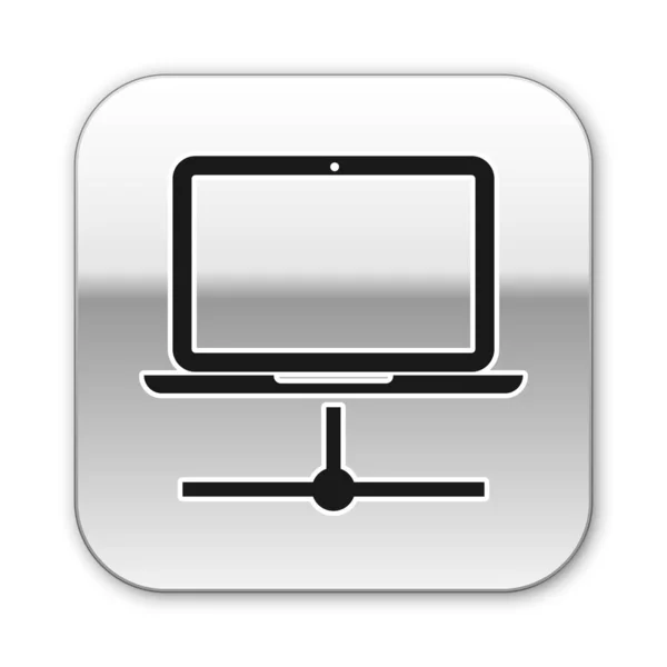 Ícone de rede de computador preto isolado no fundo branco. Rede de portáteis. Ligação à Internet. Botão quadrado de prata. Ilustração vetorial — Vetor de Stock