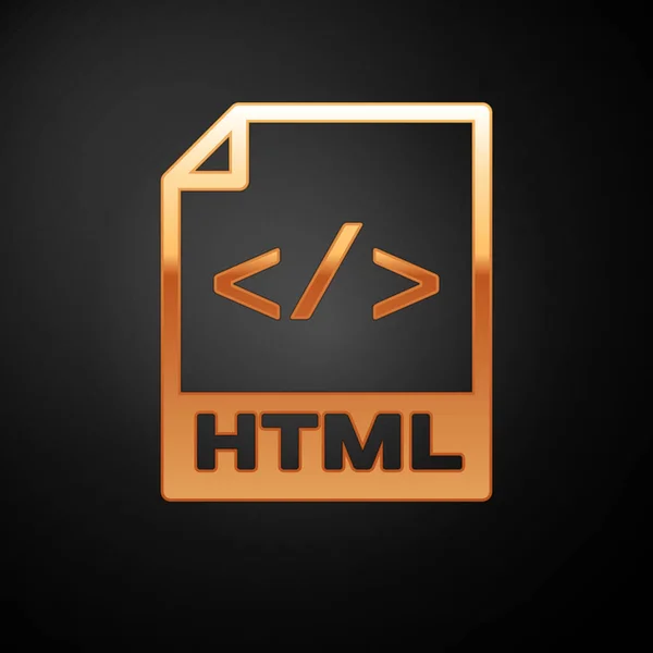 Золотой значок документа HTML. Иконка кнопки HTML выделена на черном фоне. Символ HTML-файла. Знак языка разметки. Векторная миграция — стоковый вектор